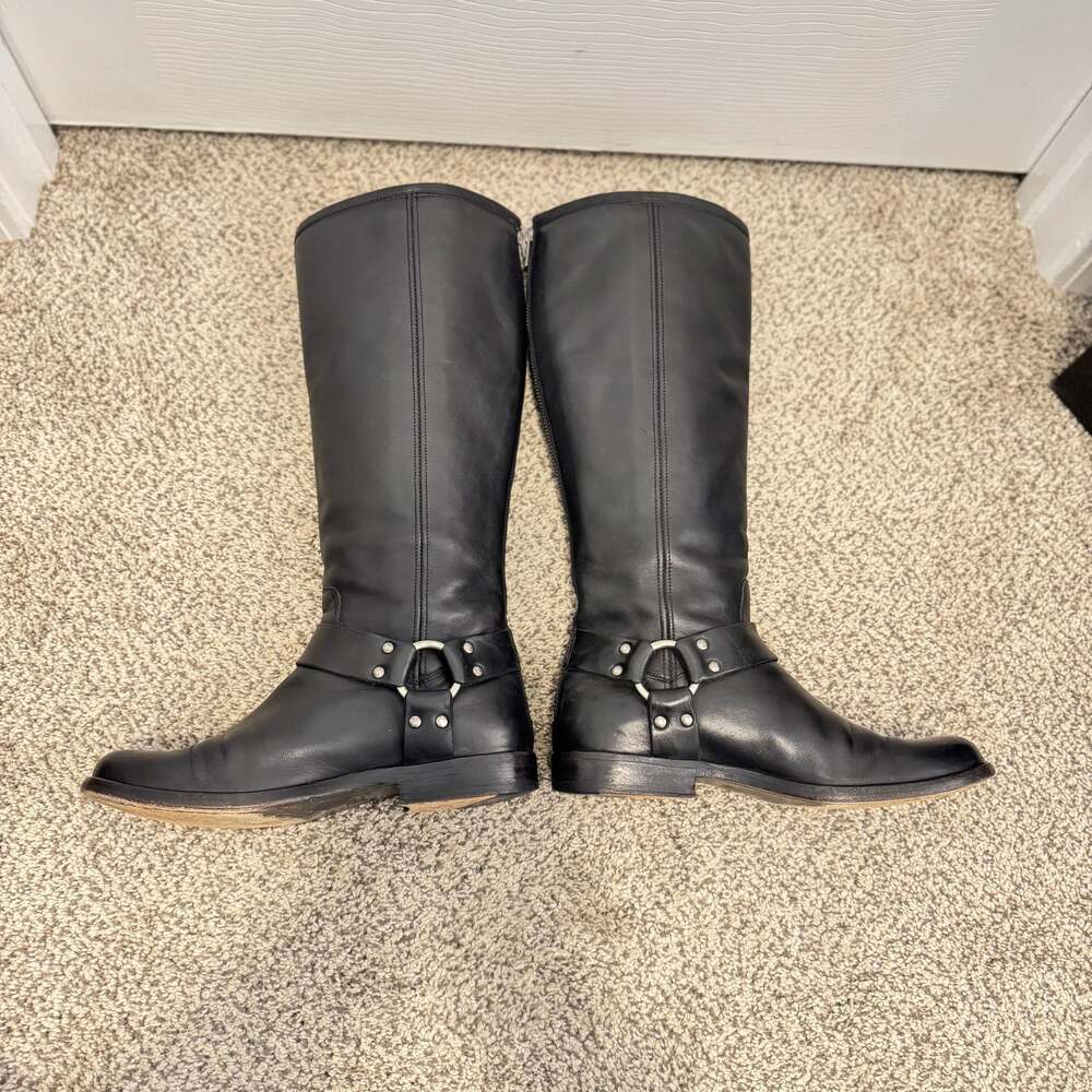 Frye Phillip Harness Tall Black Leather Riding Boots 6.5 extended calf - Picture 2 of 14